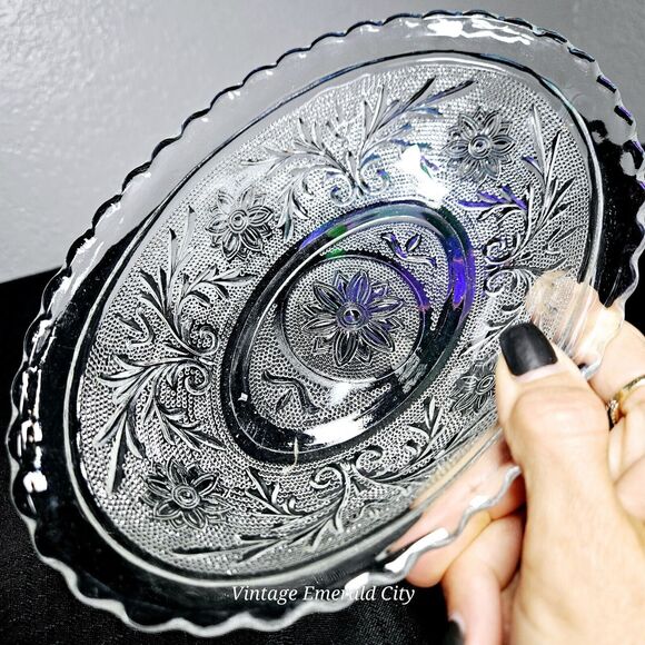 Vtg Glass Oval Serving Bowl USA Floral Dish Anchor Hocking Tiara Clear Sandwich - Picture 9 of 11